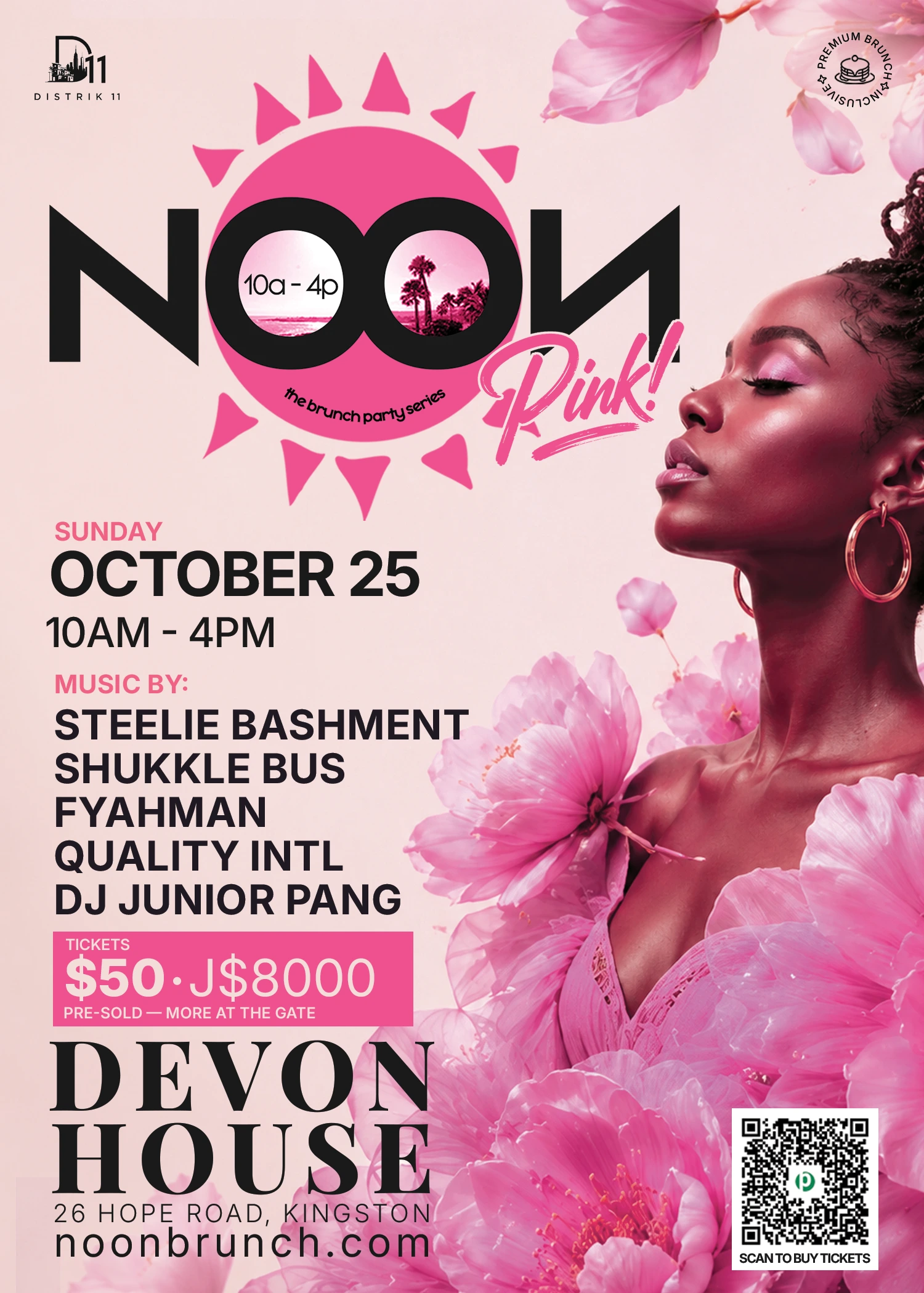 NOON Pink flyer — Sunday, October 25, 10am–4pm at Devon House, Kingston. Pre-sold tickets: $50 / J$8,000; more at the gate.