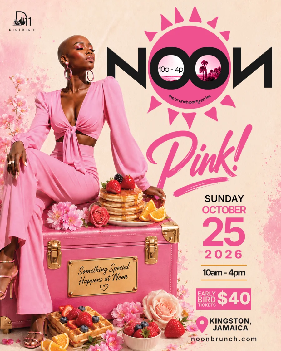 The NOON Pink flyer — Sunday, October 25, 2026, 10am–4pm, Kingston, Jamaica. Early Bird tickets US$40.