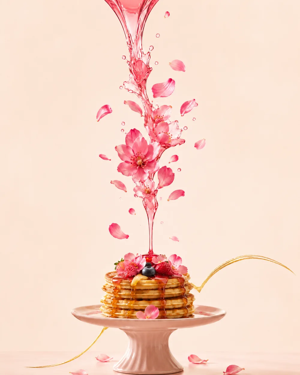 A stack of pancakes crowned with berries and blossom, pink syrup pouring from above — NOON Pink campaign artwork